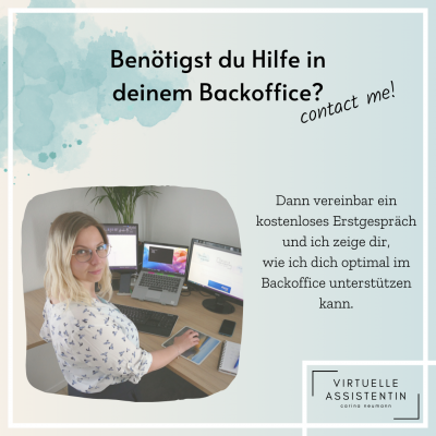 Infografik mit Beschreibung für Kontakt bei Hilfe im Backoffice von Carina Neumann virtuelle Assistenz.